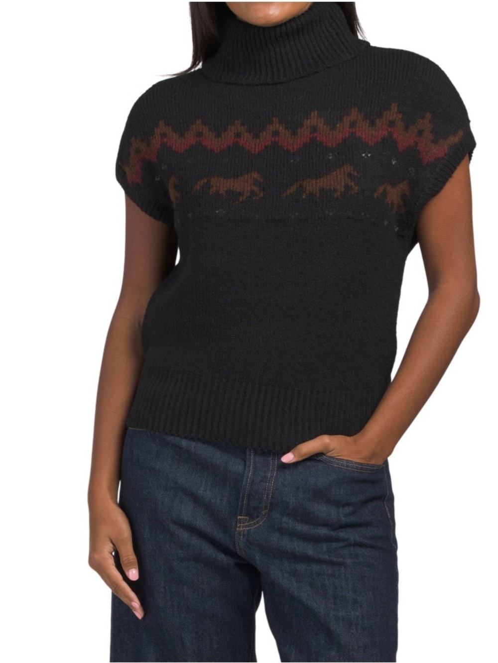 NWT Seven7 Black Turtleneck Short-Sleeve Horse Nordic fair isle Sweater-XS